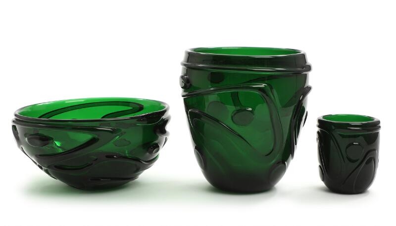 Artwork by Jacob Eiler Bang, Three green glass bowl with added thread, Made of green glass