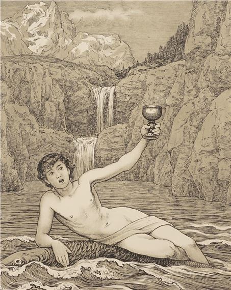 The boy on the fish with goblet by Hans Thoma, 1898
