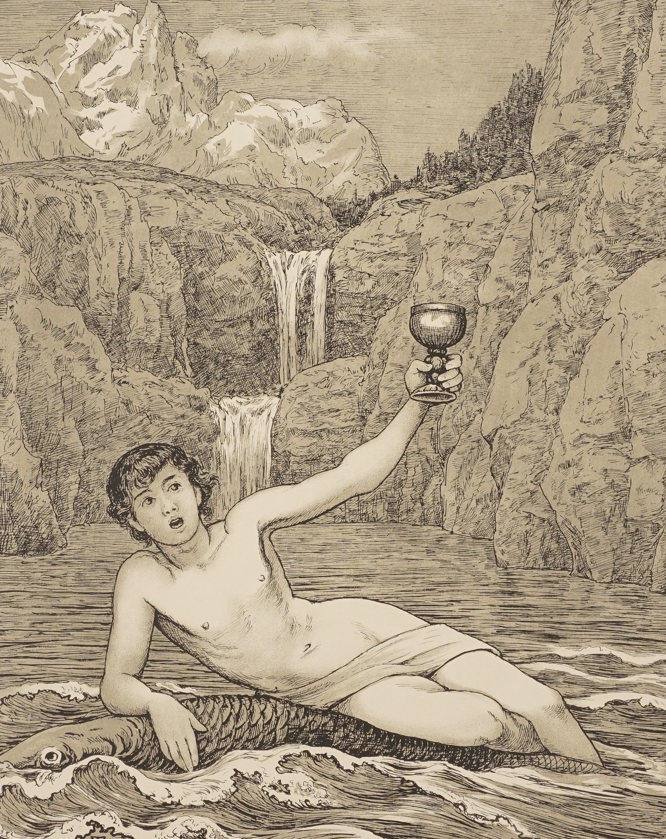Artwork by Hans Thoma, The boy on the fish with goblet, Made of colourlithograph
