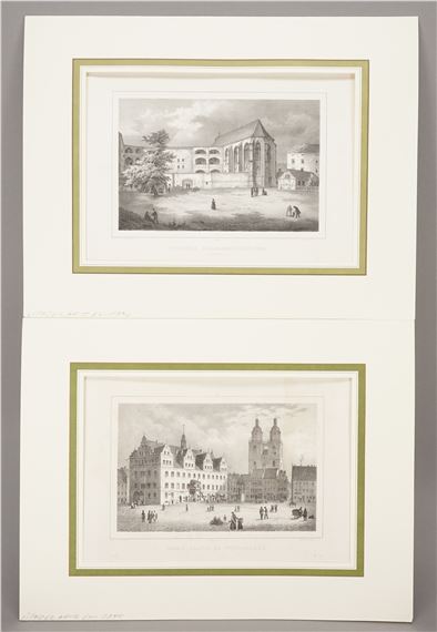 Two views of sights in Luther-town Wittenberg by R. Bürger, around 1840
