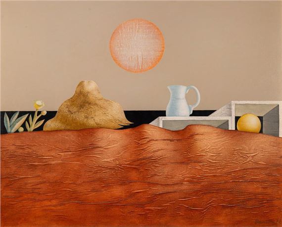 PAISAJE SURREALISTA CON SOL NARANJA Y MAR by Jorge Damiani, 1977