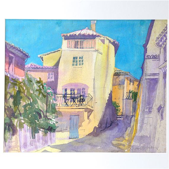A watercolor painting of a sunlit European street scene with a prominent yellow building.