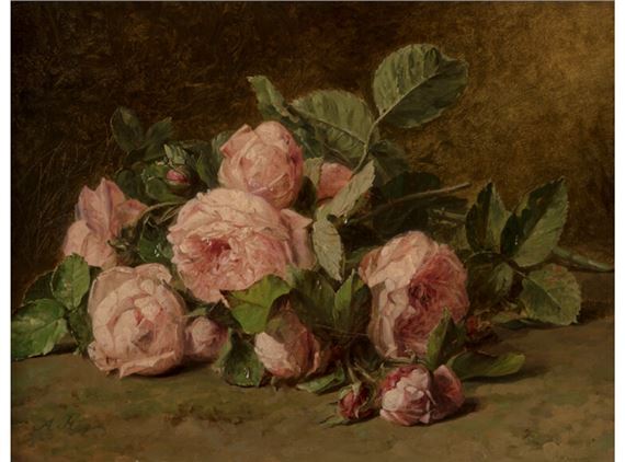 Still life of roses on mossy ground by Adriana Johanna Haanen, early 20th