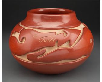 A Santa Clara Carved Redware Jar - Jennie Trammel