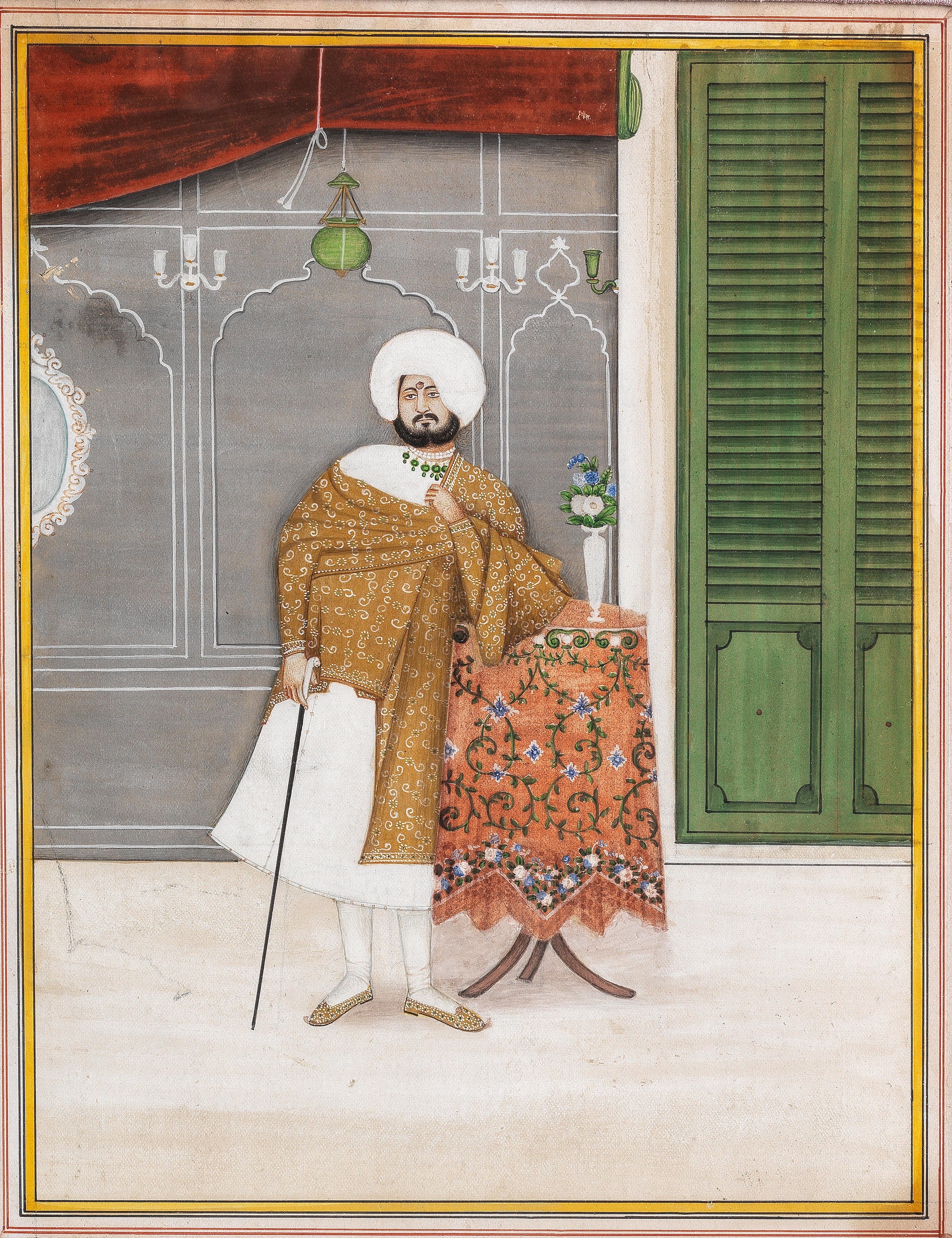 Artwork by Punjab School, 19th Century, Maharaja Bhagwan Singh of Nabha (reg. 1863-71) standing in an interior, Made of gouache and gold on paper