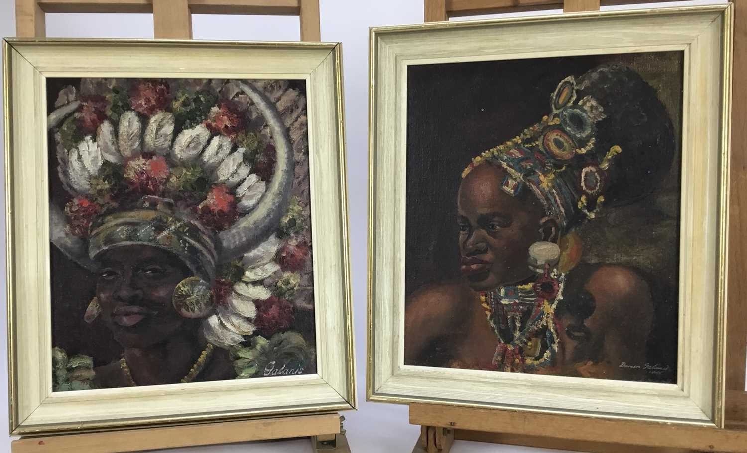 Artwork by Doreen Galanis, An African chieftain and a lady in tribal beads, Made of oils on board