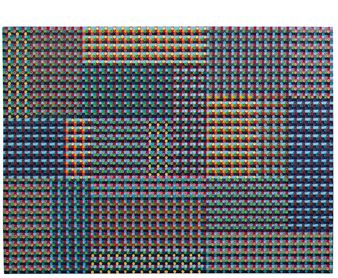 A colorful woven rug featuring a patchwork design of geometric squares in vibrant hues.