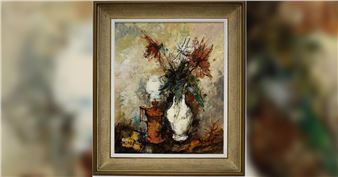 Still life with a bouquet and a pigeon lamp - François Depreles