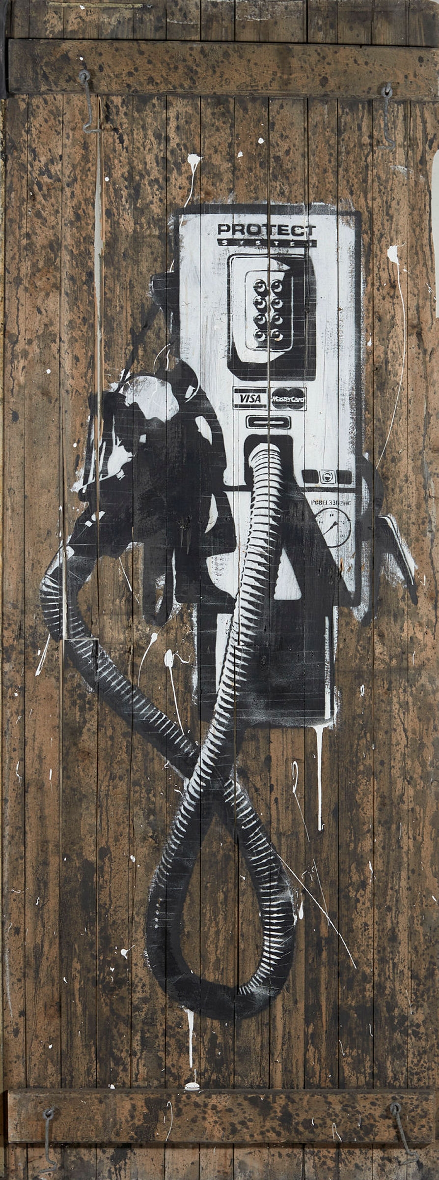 Artwork by Pøbel, Protect, Made of Stencil/spray paint on wood panels/ door