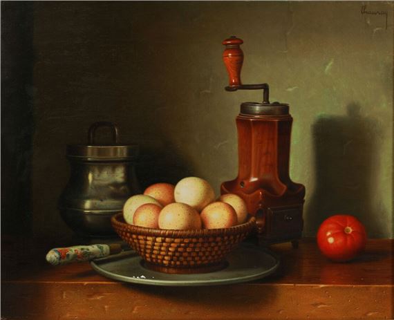 Still life with eggs, coffee mill by Jean-Claude Chauray