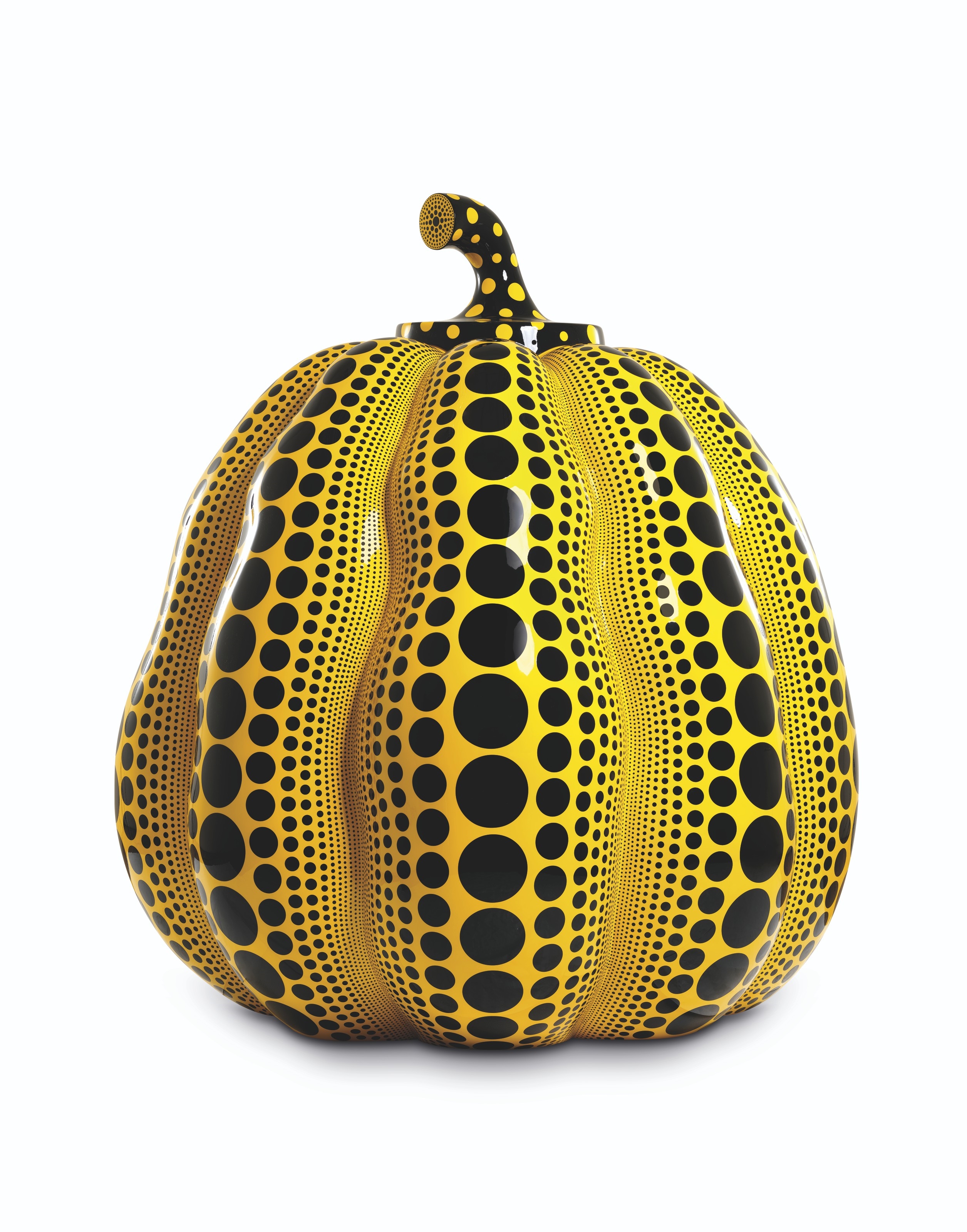 Artwork by Yayoi Kusama, PUMPKIN, Made of fiberglass-reinforced plastic and urethane paint sculpture in two parts