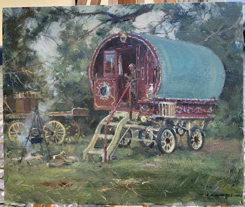 Artwork by David Curtis, Gypsy Caravan Study, Made of oil on board