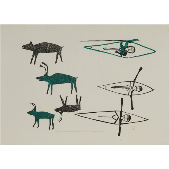 PURSUIT WITH SPEARS AND KAYAKS by Jessie Oonark, 1971