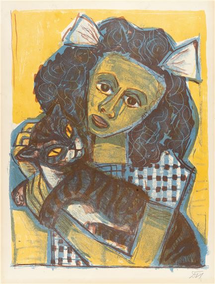Girl with a cat II (Head facing forwards) by Otto Dix, 1956