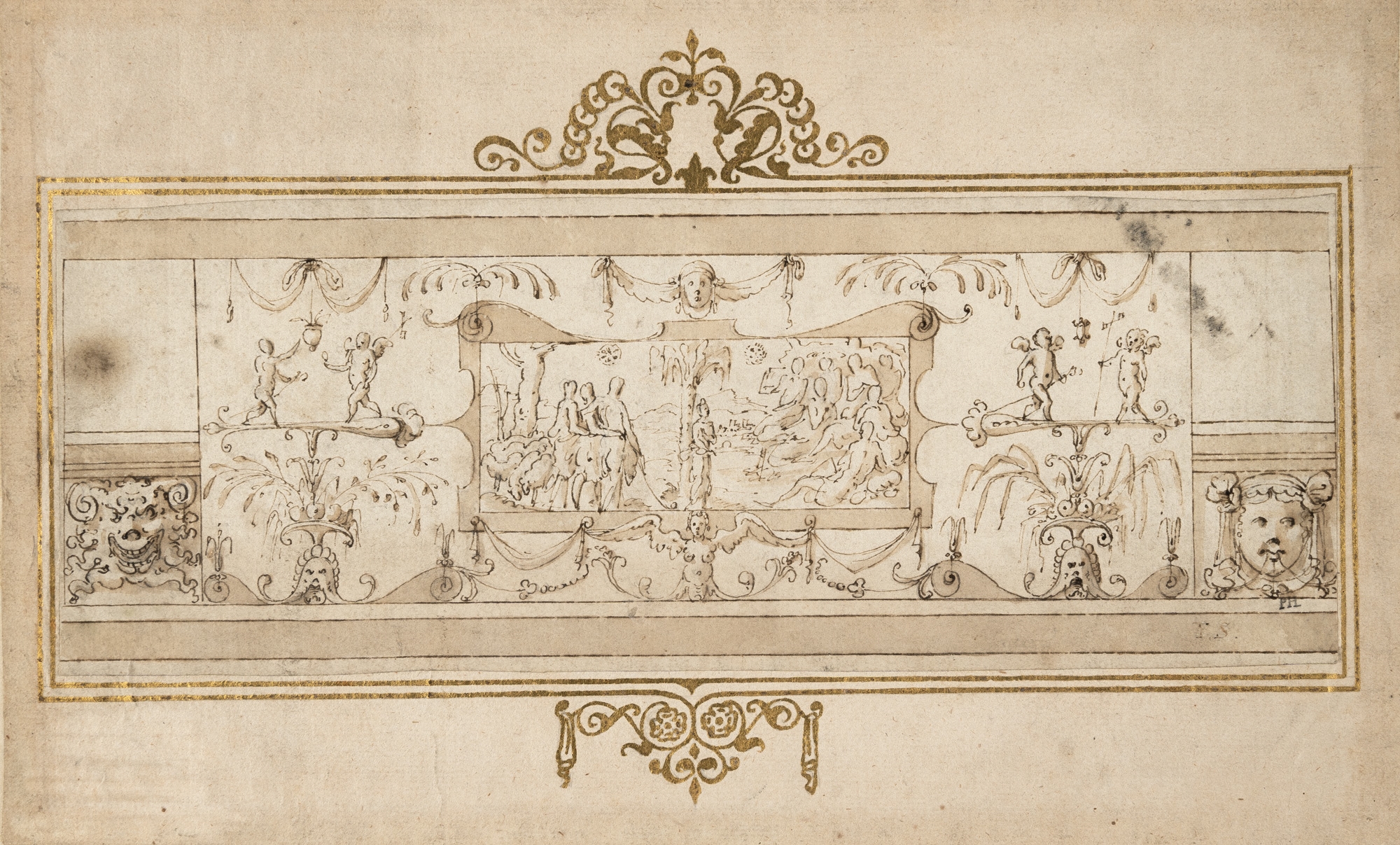 Artwork by Livio Agresti, Ornamental frieze with grotesques, Made of Brown ink with brown wash on laid paper