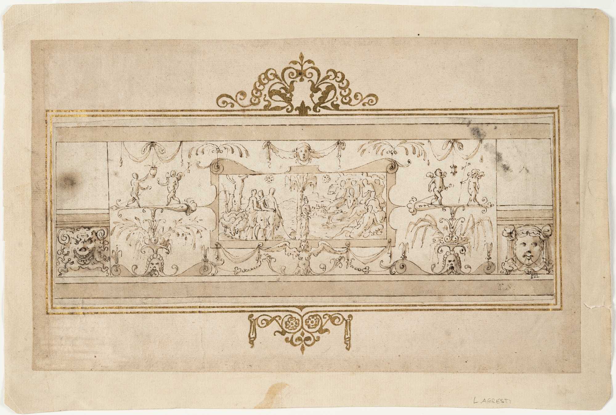 Artwork by Livio Agresti, Ornamental frieze with grotesques, Made of Brown ink with brown wash on laid paper