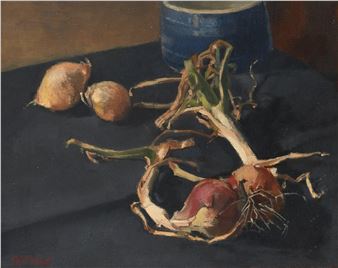 Still life with onions and shallots on a tabletop - Toby Ward
