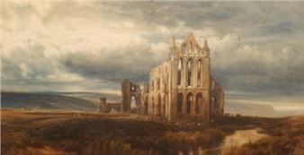 A dramatic landscape painting of a ruined Gothic cathedral under a brooding sky.