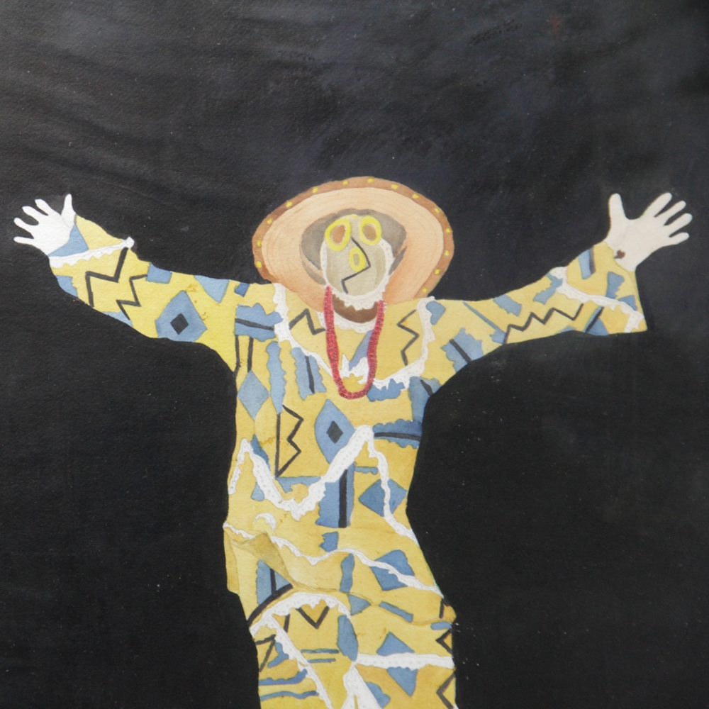 Artwork by Joan Darooge, A suited man on stilts, Made of Watercolor