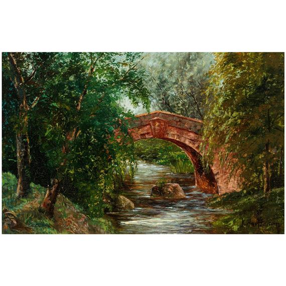 Red sandstone bridge over a creek during summer by Karl Hauptmann, 1908 - 1914