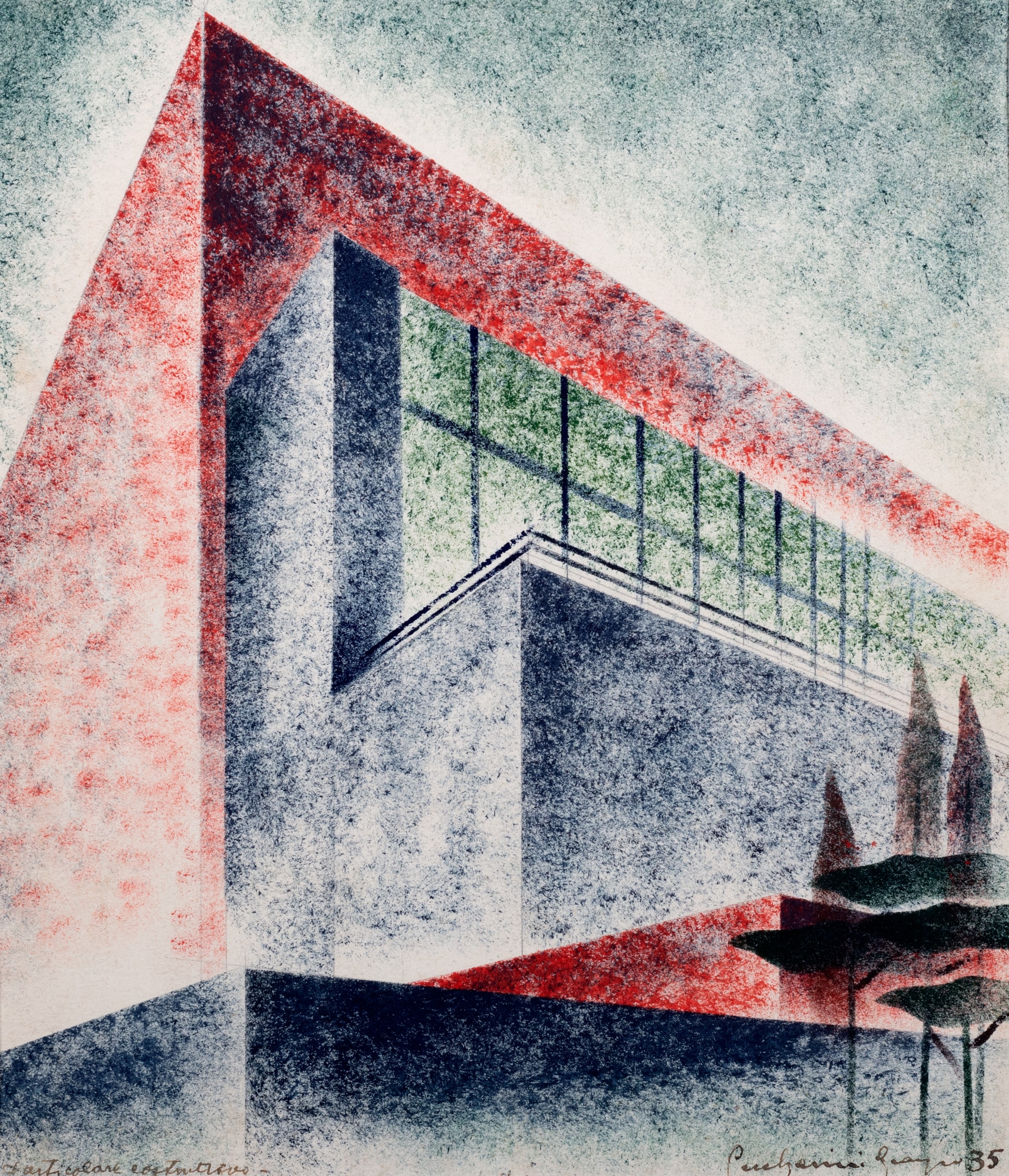 Artwork by Giorgio Ceccherini, Particolare costruttivo, Made of mixed technique drawing (colored pastels, watercolors and tempera) on cardboard