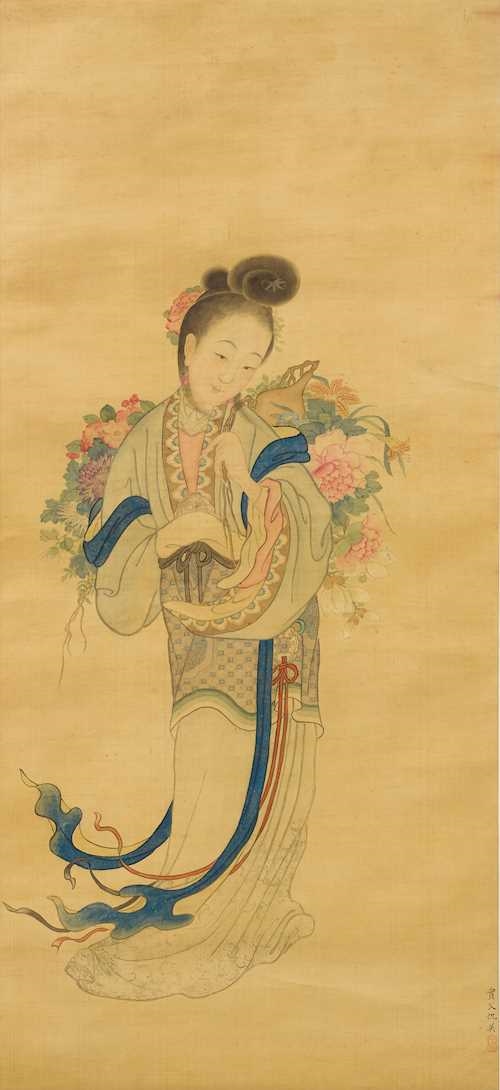 Artwork by Qiu Ying, Chinese School, 20th Century, A PAINTING OF A LADY WITH FLOWER BASKET, Made of Ink and colours on silk
