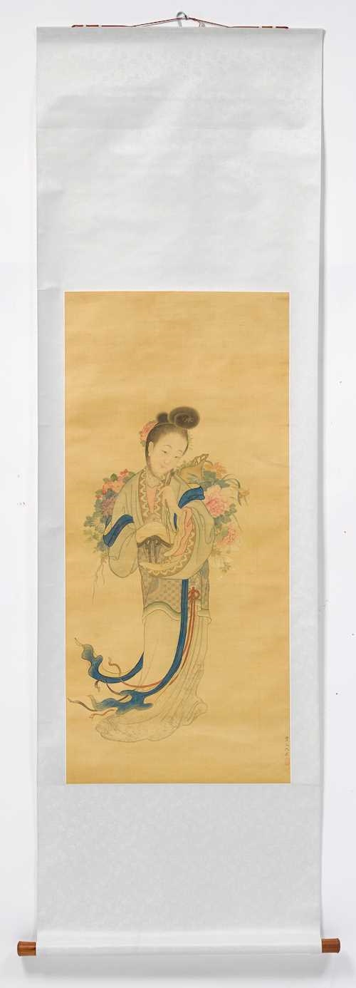 Artwork by Qiu Ying, Chinese School, 20th Century, A PAINTING OF A LADY WITH FLOWER BASKET, Made of Ink and colours on silk