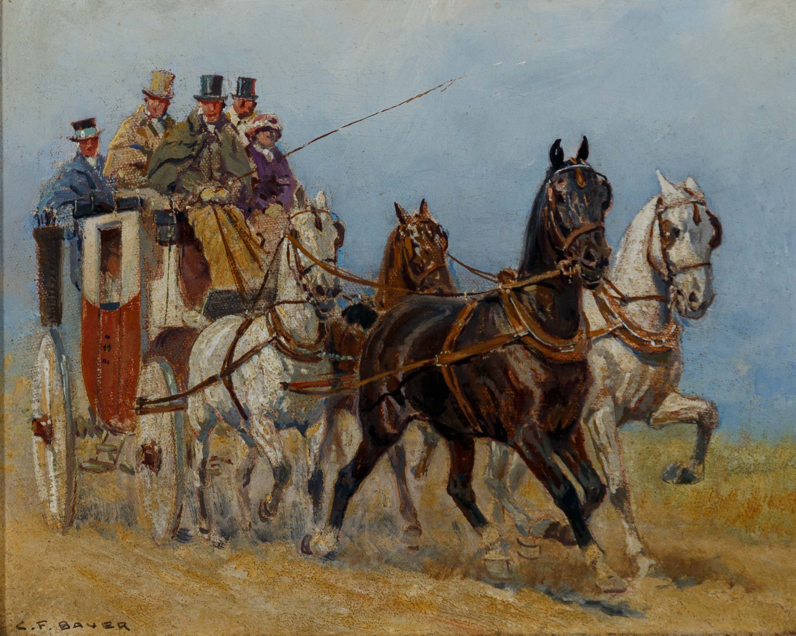 Vierspännige Kutsche auf dem Weg. by Carl Franz Bauer
