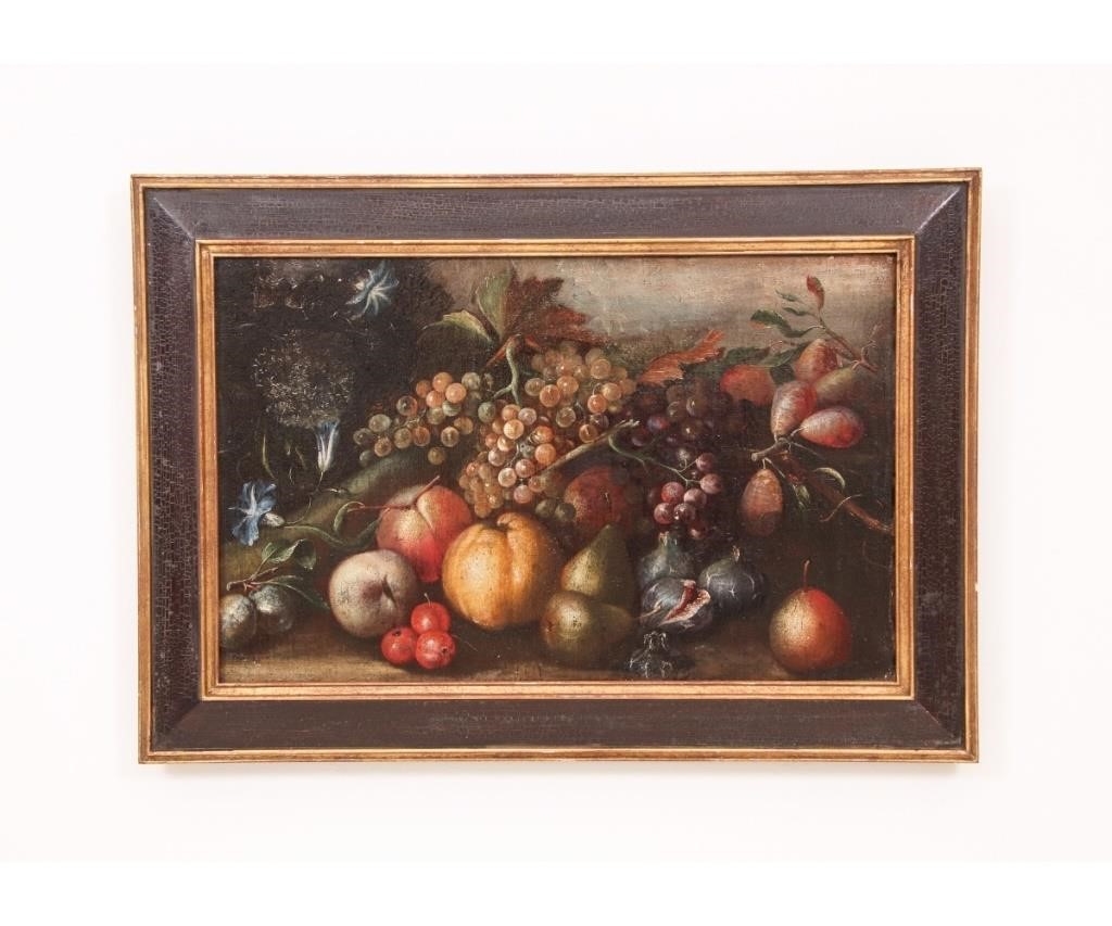 Still life of colorful fruit, including grapes, figs, plums and pears by Neapolitan School, 18th Century