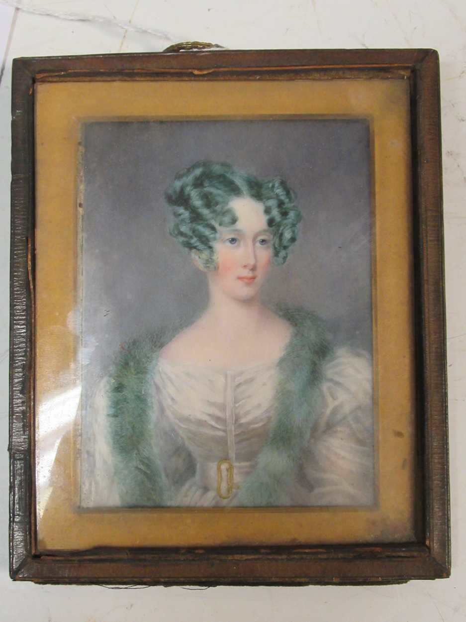 French School, 19th Century, MINIATURE PORTRAIT of a busty woman with a  white bonnet and flowery shawl