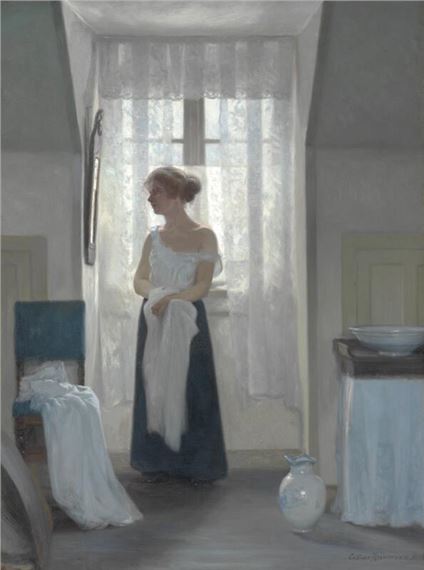 Interior with a young woman at her morning toilette by Cilius Andersen, 1898