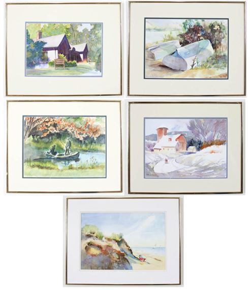 SAMUEL ROUSLIN | landscapes including a barn, boats, fishermen, a ...