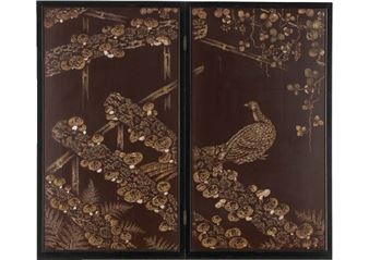 Lacquered folding screen depicting peacock - Tamero Ono