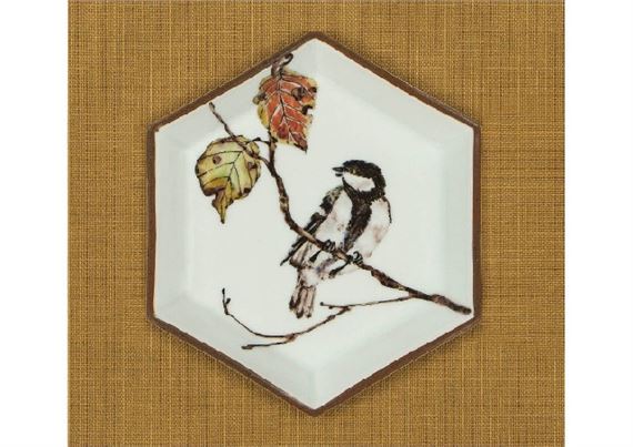 Plate depicting great tit in overglaze enamel