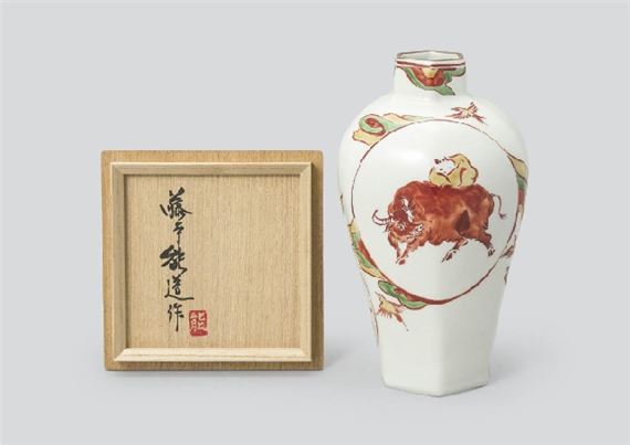 Vase depicting cow in overglaze enamel