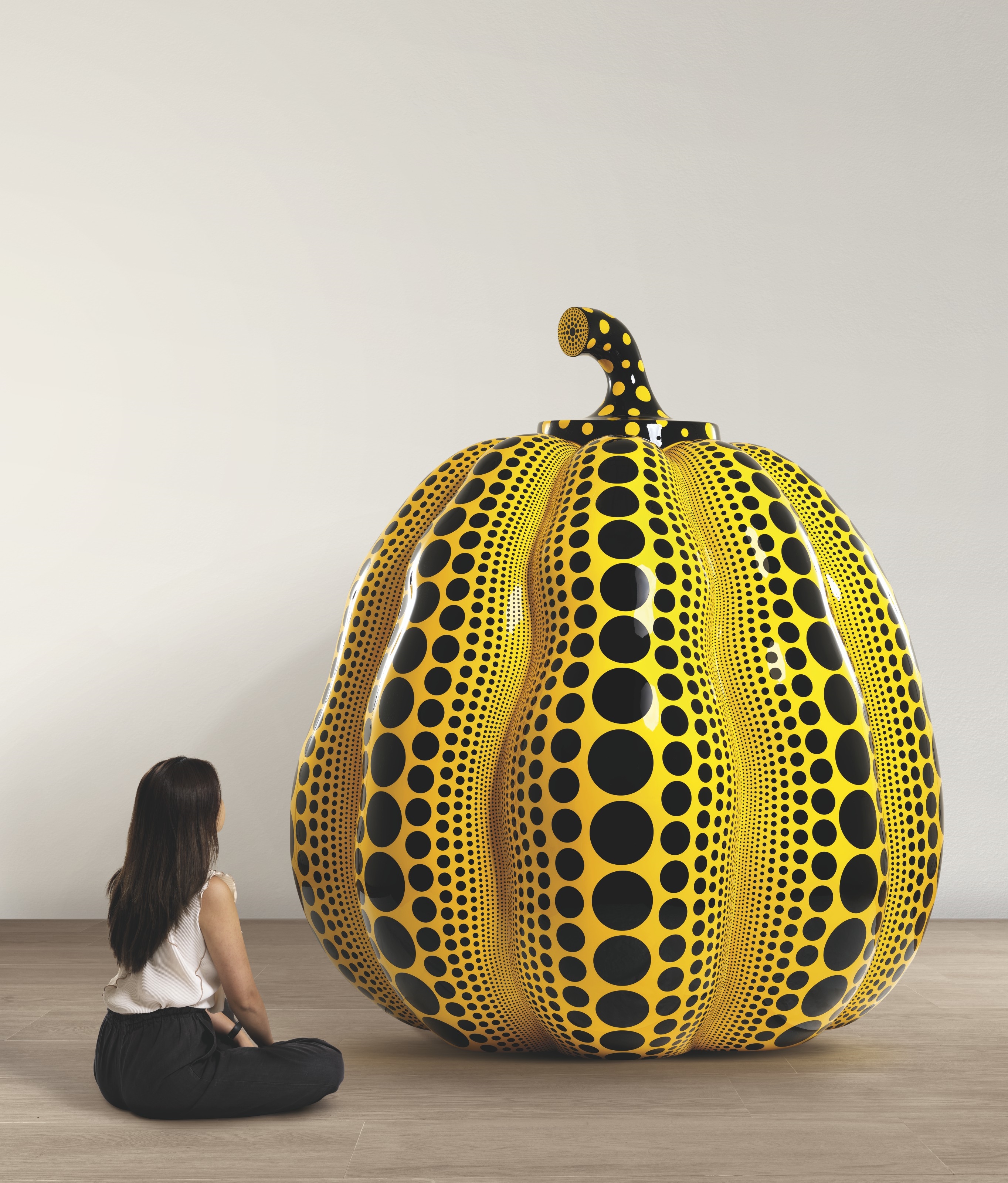 Artwork by Yayoi Kusama, PUMPKIN, Made of fiberglass-reinforced plastic and urethane paint sculpture in two parts