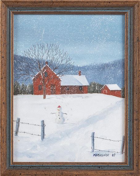 A snowman in front of a red farmhouse and barn. by Marieluise Hutchinson