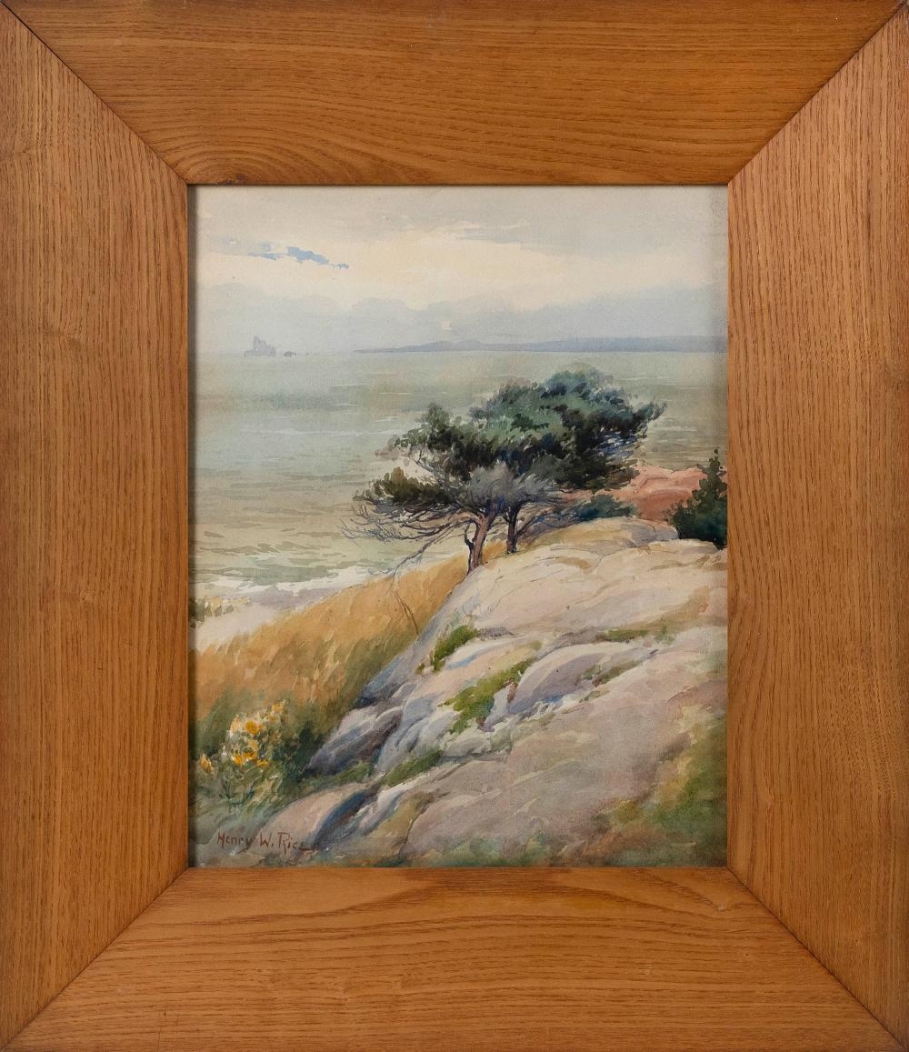 Artwork by Henry Webster Rice, Trees on a rocky coast, likely Maine., Made of Watercolor on paper