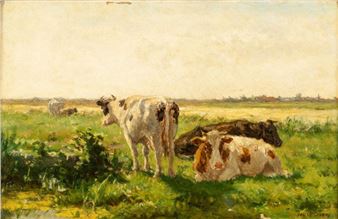 Liegende und weidende Kühe in sonniger Weidelandschaft - Hermanus Gerhardus Wolbers