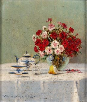 Auf weißer Tischdecke stehendes feines Teegedeck - Marko Vukovic