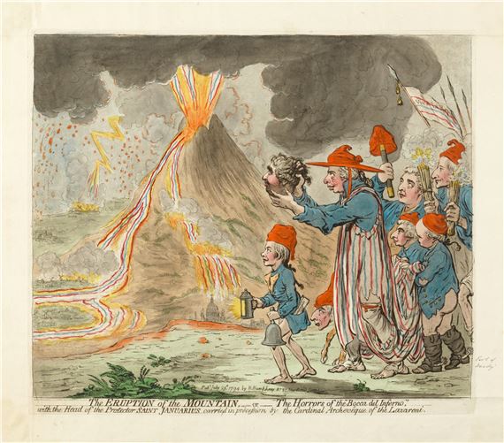 The Eruption of the Mountain,-or-the horrors of the "bocca del inferno,"-with the head of the protector Saint Januaris carried in procession by Cardinal Archeveque of the Lazaroni. (BM 8479)