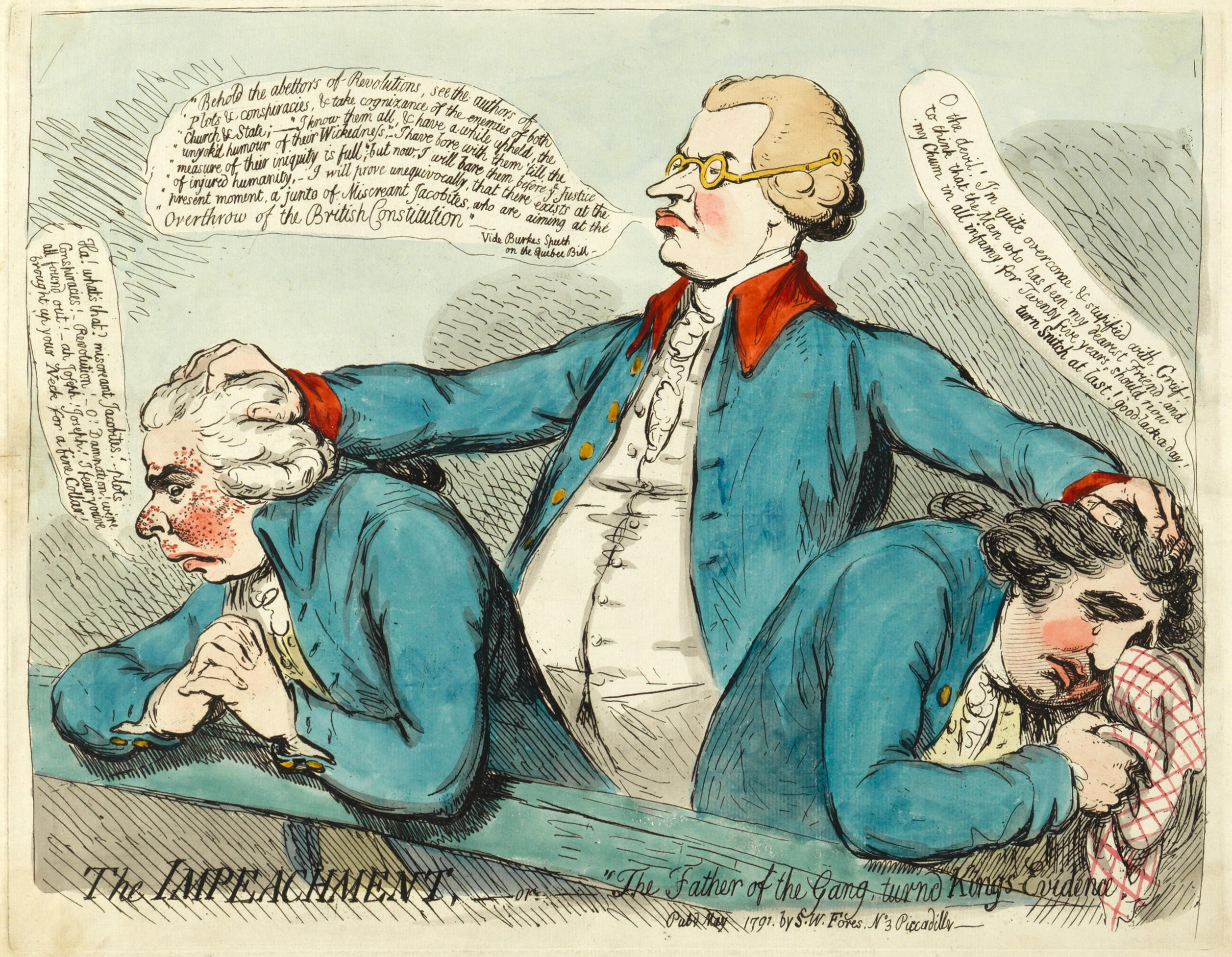 Artwork by James Gillray, The impeachment,-or-"the father of the gang, turnd Kings evidence.; Polonius. (BM 7861; 8649), Made of etchings with hand colouring