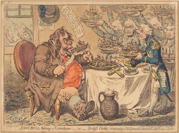 John Bull taking a Luncheon: -or- British Cooks, cramming Old Grumble-Gizzard, with Bonne-Chére (BM 9257)