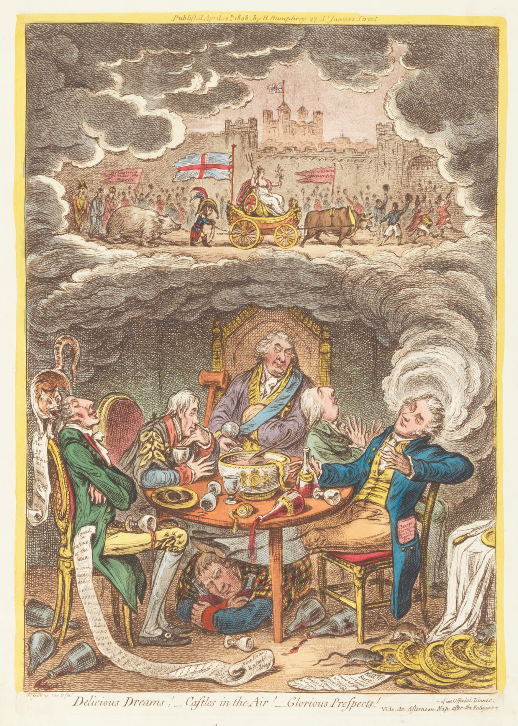 Artwork by James Gillray, Maecenas, in pursuit of the Fine Arts.; Delicious Dreams!-Castles in the Air!-Glorious Prospects!- (BM 11076; 10979), Made of etchings with hand colouring, the latter with aquatint