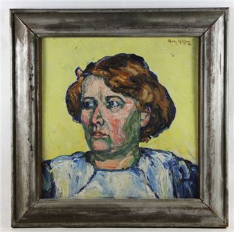 Portrait einer Frau im Dreiviertelprofil, expressive Farbigkeit und breiter gestischer Duktus mit pastosem Farbauftrag - Heinz Höffer