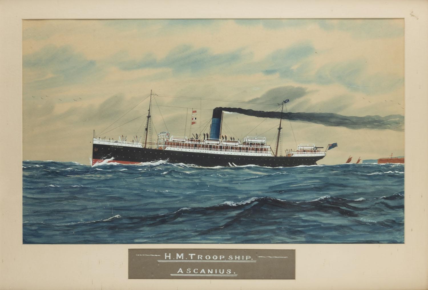 Artwork by Frederick Dawson, H.M. Troop Ship Ascanius, Made of watercolour