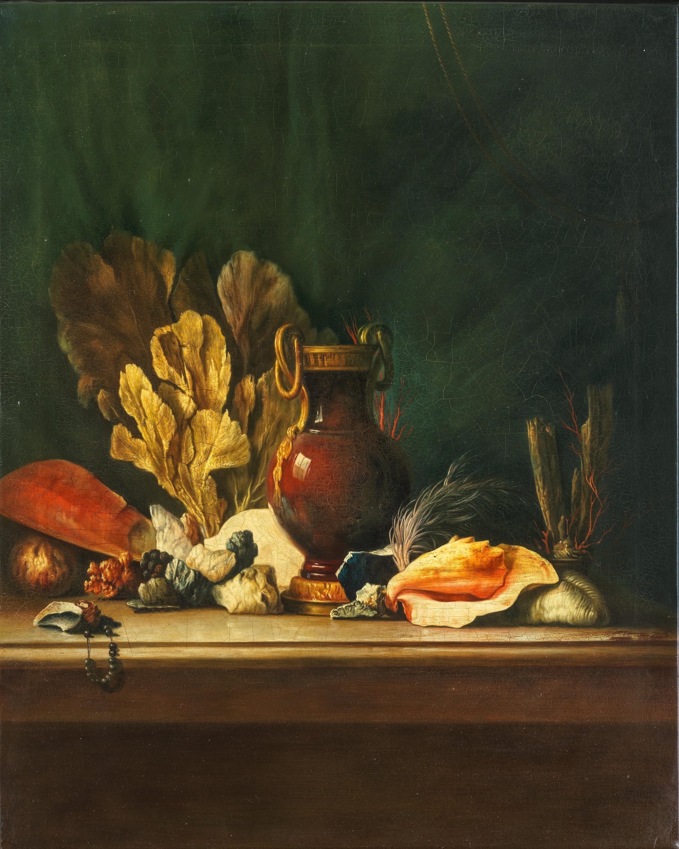 Coral and shells on a stone ledge; and A jug with coral and shells on a stone ledge by Willem Kalf