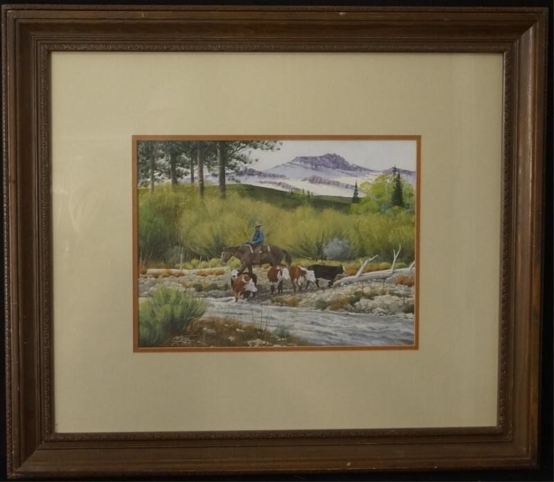 Artwork by N. Watters, Cowboy, Cattle crossing a stream,, Made of watercolor