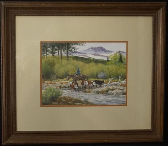 Cowboy, Cattle crossing a stream, by N. Watters, 1984