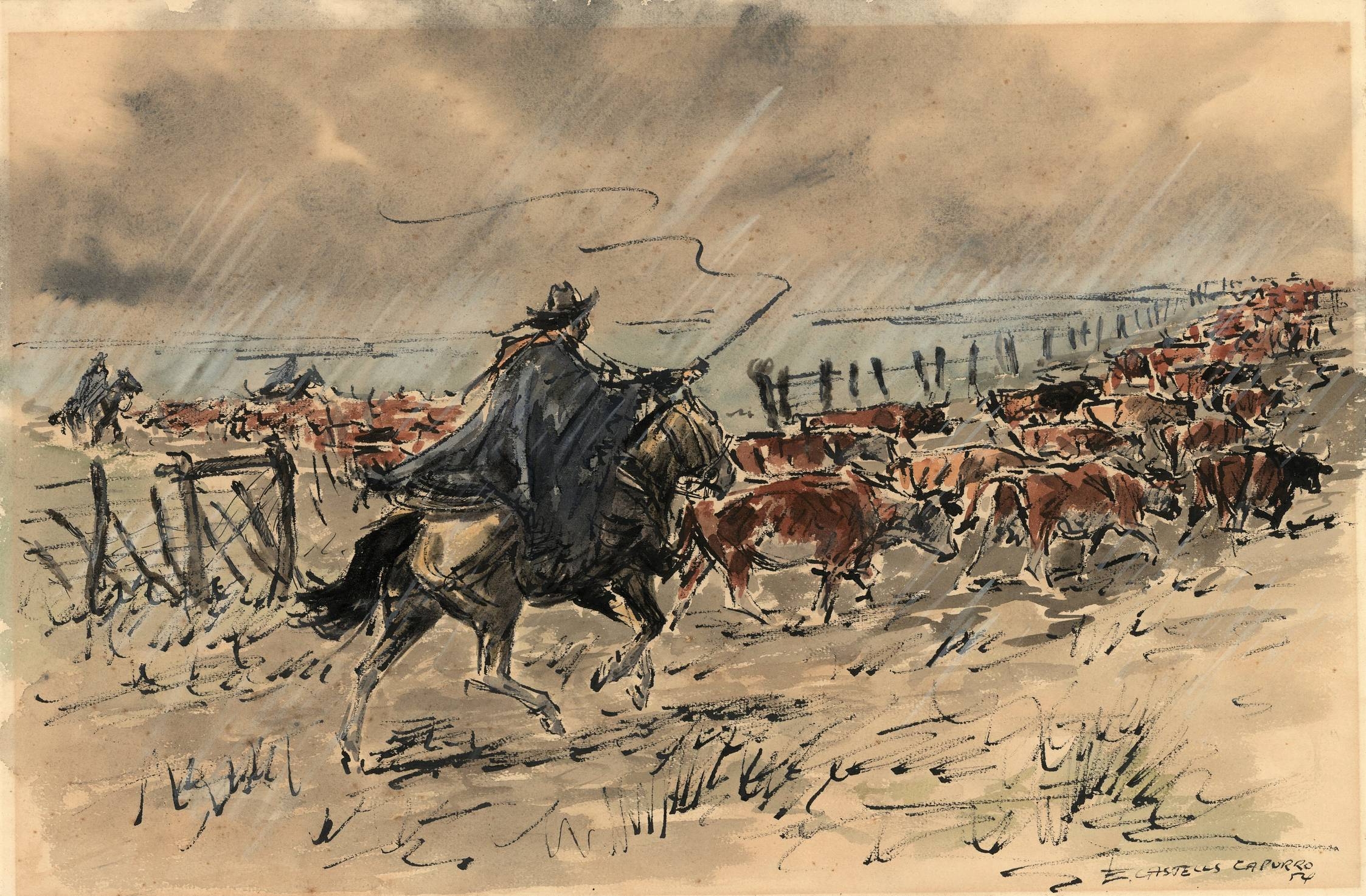 Enrique Castells Capurro | Gauchos herding cows (1954) | MutualArt